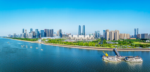 Hangzhou modern city buildings skyline and river scenery