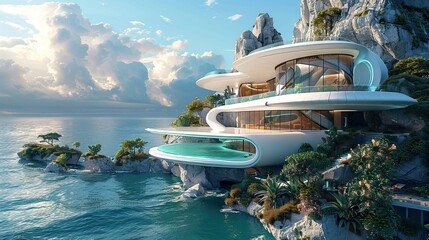 Luxury villa by the sea with smooth oval shapes in a futuristic style