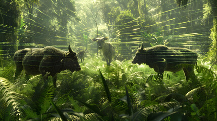 A group of bison walking through a lush green forest.