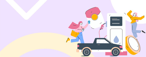 Vector Internet operation hand-drawn illustration of people getting discounts for refueling their cars

