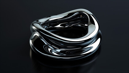 Metallic silver shiny abstract round object on black isolated background - ai generative