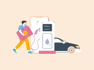 Vector Internet operation hand-drawn illustration of people getting discounts for refueling their cars
