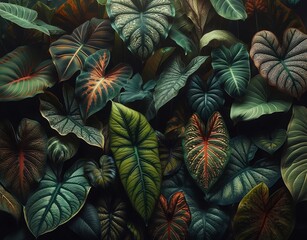 Naklejka premium A dense collection of Alocasia leaves with a variety of shapes and colors