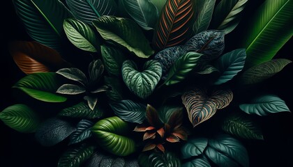 A dense collection of Calathea leaves with a variety of shapes and colors
