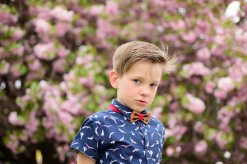 Fashion kid boy in shirt and bow tie. Lifestyle portrait of funny kid outdoors. Summer kids outdoor portrait. Close up face of cute child. Kid having fun outdoor on sunny summer day.