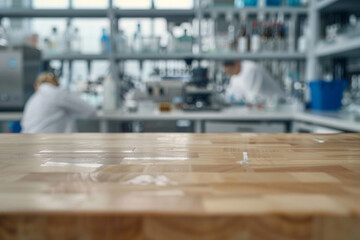 Obraz premium A wooden lab bench in the foreground with a blurred background of a science laboratory. The background features scientific equipment, lab coats, researchers conducting experiments, and shelves.