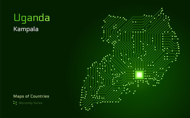 Uganda Map with a capital of Kampala Shown in a Microchip Pattern with processor. E-government. World Countries vector maps. Microchip Series