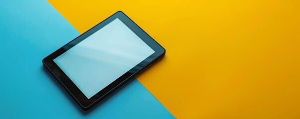 Elegant e-reader on minimalist pop art background with blue and yellow colors