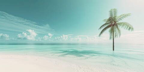 Illustration of idyllic tropical beach with a lone palm tree and turquoise water