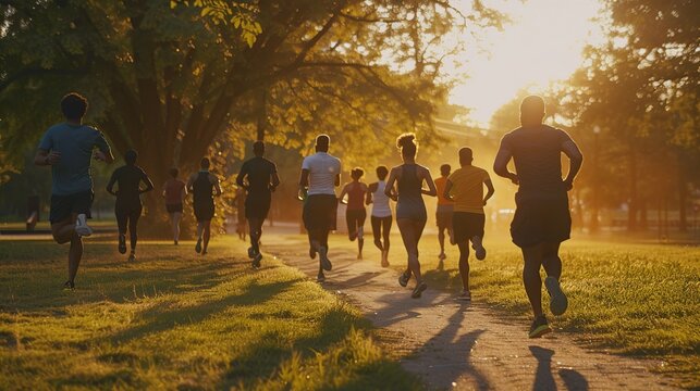 A group of diverse people jogging in a park, highlighting community fitness and physical activity