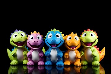 Obraz premium A group of cheerful dinosaurs in bright colors, each with a different toy