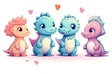 A group of cute, pastelcolored dinosaurs with hearts and stars on their bodies