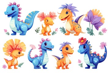 Naklejka premium A set of colorful dinosaurs with tiny flowers and butterflies around them