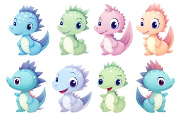 Fototapeta premium A set of cute dinosaurs in pastel shades with tiny wings and halos