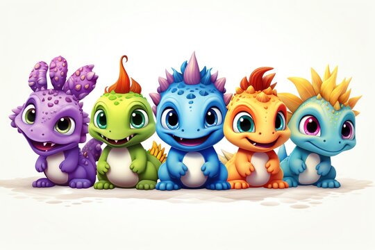 A group of cute, vibrant dinosaurs with big eyes and tiny crowns