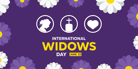 International Widows Day. Women, graves and hearts. Great for cards, banners, posters, social media and more. Purple background.