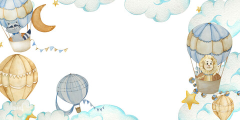 Children Illustration. Hot Air Balloon with Cute Animals. Little Lion and Raccoon. Background Clouds. Beige and Blue Pastel Colors. Vintage Style. For Children's Room, Frame, Posters, Websites, Cards