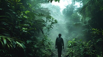 An explorer walking through a dense, misty rainforest, surrounded by towering trees and vibrant greenery
