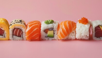 Assorted sushi pieces on a pink background, clean and minimalistic - Powered by Adobe