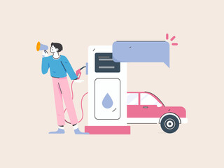 Vector Internet operation hand-drawn illustration of people getting discounts for refueling their cars
