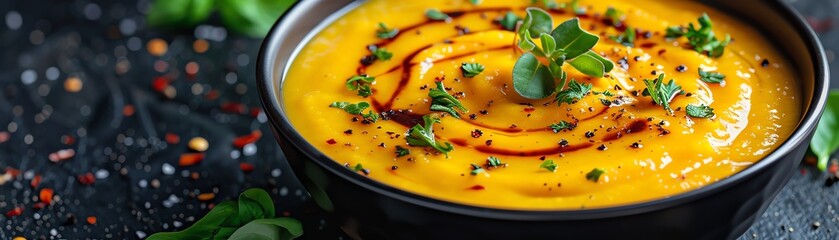 Creamy pumpkin soup garnished with herbs in a dark bowl - Powered by Adobe