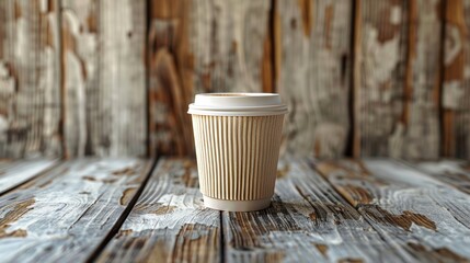 Crisp close-up of a coffee cup to go on a wooden background, ideal for creating display mockups, in raw style