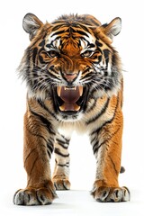 Obraz premium Fierce tiger prowling with a snarl, against a stark white background
