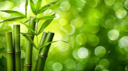  A close-up of a bamboo plant against a lush green backdrop of bokeh