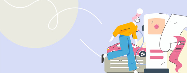 Vector Internet operation hand-drawn illustration of people getting discounts for refueling their cars
