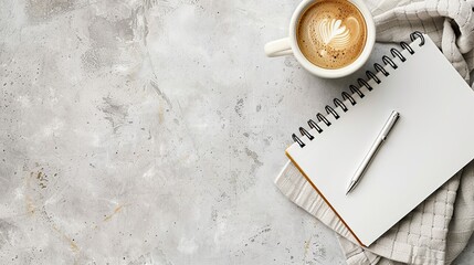 An overhead shot of a tidy flat lay with a simple notebook, a pen, and a cup of coffee on a neutral-colored surface