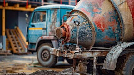 Close-up of a weathered cement mixer truck, ready at an industrial building site, highlighting its rugged details
