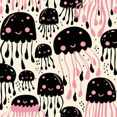 Fototapeta premium Seamless pattern pink and black kawaii jellyfish, vector art, geometric, ceramic, pattern design,