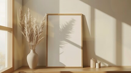 Close-up of a customized picture frame mockup on a minimalist shelf, showcasing sleek geometry, captured with a raw style