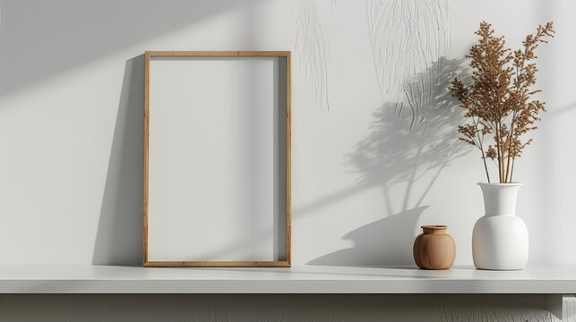 Close-up of a customized picture frame mockup on a minimalist shelf, showcasing sleek geometry, captured with a raw style
