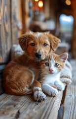 Two best friends, puppy and kitten, pets concept at home