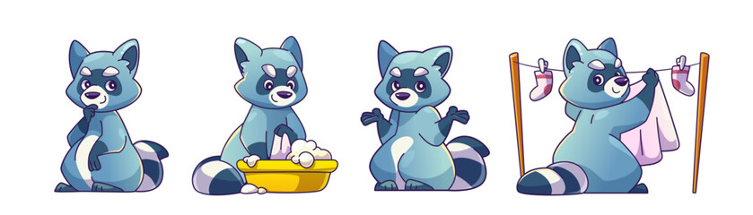 Cute raccoon mascot. Funny wash animal character. Racoon drawing set with basin and different pose isolated icon on white background. Lovely comic grey wild child washing clothes with hand and drying © klyaksun