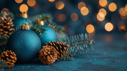  A blue Christmas ornament atop a pine cone Nearby, two pine cones rest on a blue surface Background features lights