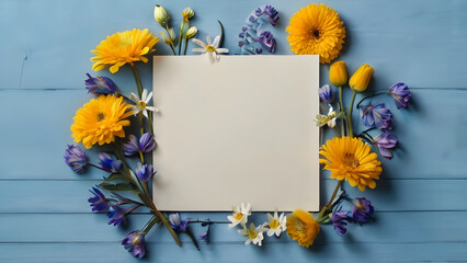 Card for your text background for congratulations white card around summer flowers yellow blue theme