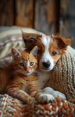 Plakat Two best friends, puppy and kitten, pets concept at home
