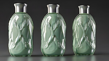 Three bottles on a dark background for cosmetic products unusual design