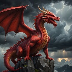 there is a red dragon that is sitting on a rock © klakonstudio