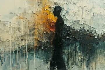 A painting with an abstract scene of a man with his arm held free
