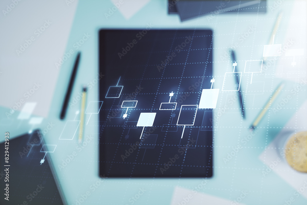 Poster multi exposure of abstract financial graph and modern digital tablet on desktop on background, top v