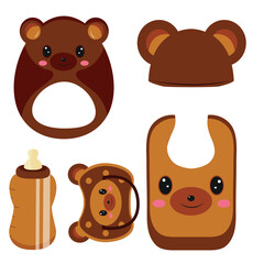 set of children's items, namely, a rattle toy, a pacifier, a feeding bottle, a bib and a hat, with an image of an animal, namely a bear, for packaging, design or textile