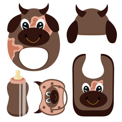 set of children's items, namely, a rattle toy, a pacifier, a feeding bottle, a bib and a hat, with an image of an animal, namely a cow, for packaging, design or textile
