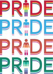 original, design of the word pride in the colors of the flags of the lgbt community and a little man instead of the letter i, for posters, designs or packaging