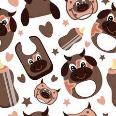 seamless pattern of set of baby things, namely rattle toy, pacifier, feeding bottle, bib and hat with animal image, namely bull, for packaging, design or textile