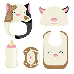 set of children's items, namely, a rattle toy, a pacifier, a feeding bottle, a bib and a hat, with an image of an animal, namely a cat, for packaging, design or textile