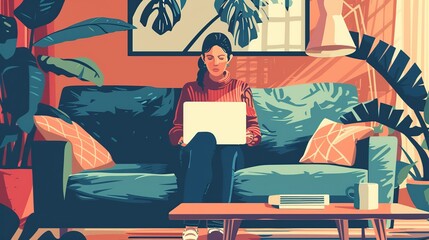 A freelancer typing on a laptop while sitting on a cozy sofa in a trendy coffee shop