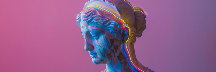 A statue of a woman with a rainbow background
